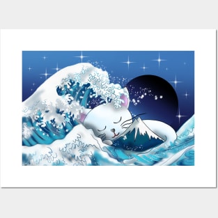 Cat sleeping behind Mount Fuji and the wave off Kanagawa Posters and Art